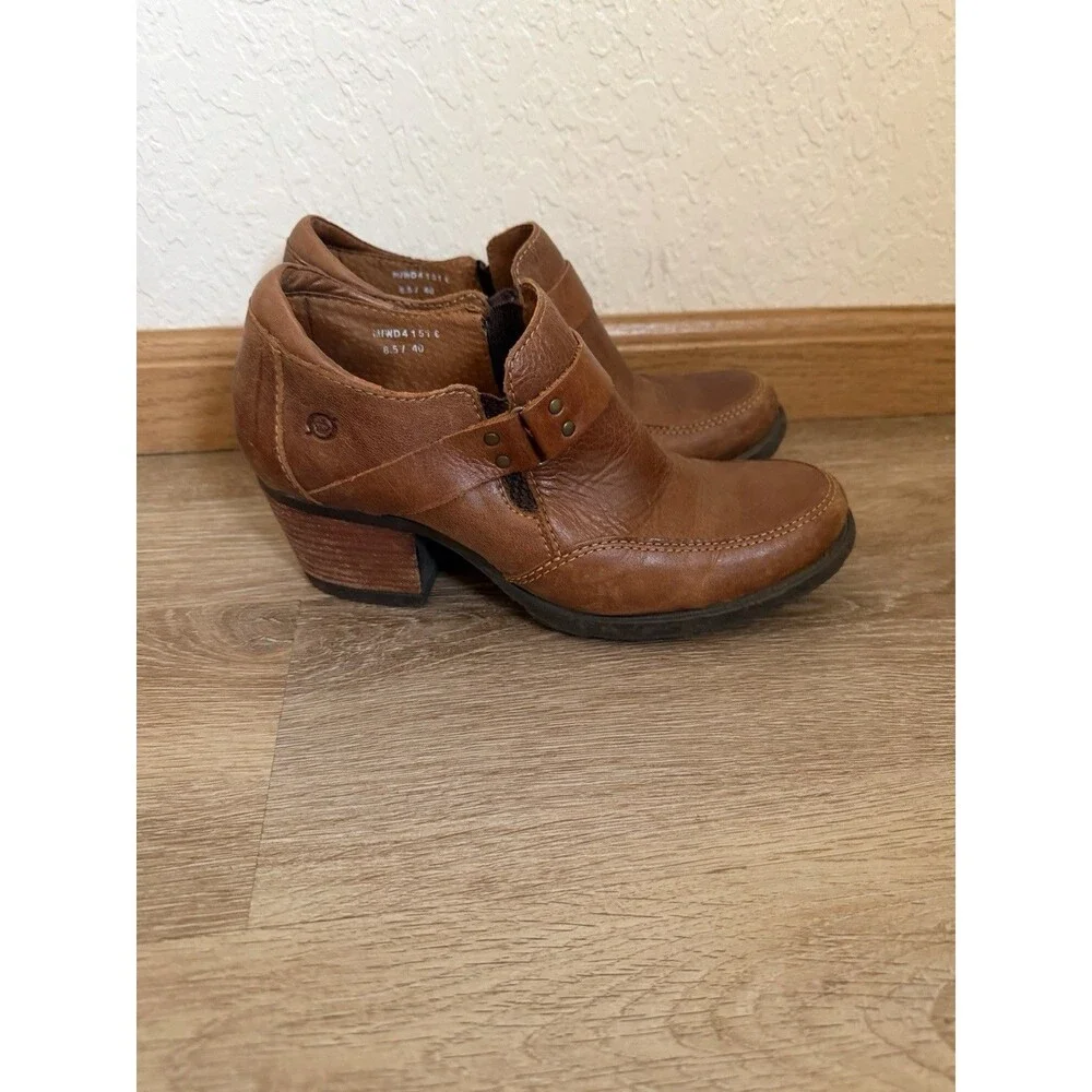 Born Nyssa Brown Leather Block Heel Ankle Boots Women’s Size 8.5
